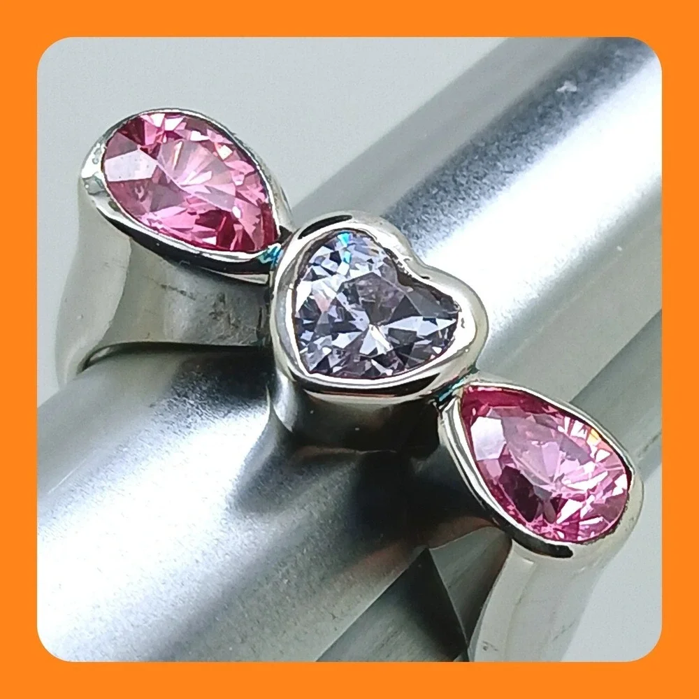 Rare New Vintage‎ 90s Pink Ice Heart Ring Sterling Silver 925 CZ Size 8.75